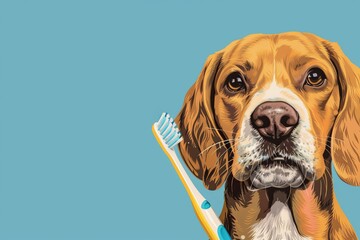 Brown dog with toothbrush on bright background Health care Free space
