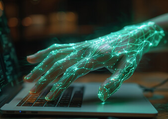 A person's hand reaches out from the screen of their laptop, with an AI brain floating above it in turquoise wireframe lines, illustrating concepts of digital intelligence and machine learning. 