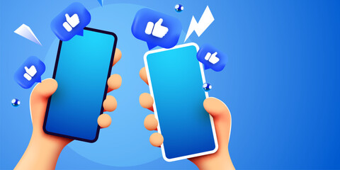 Cute cartoon hands holding mobile smartphone with Likes notification icons. Social media and marketing concept.