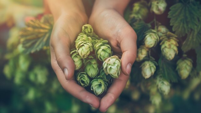A close-up shot of hands cradling a selection of freshly picked hop cones with a hop field in the background The image captures the essence of hop harvesting