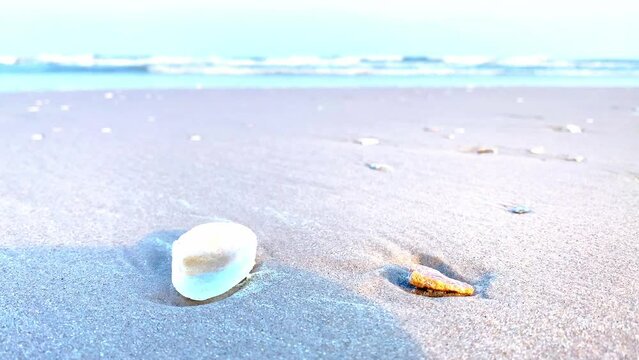 Tropical beach of Thailand, blue ocean waves breaking on rocks and sand. Beautiful sea waves come to a beach with seashells.
