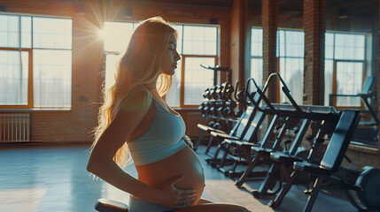 Photograph of beautiful pregnant girl at the gym . Model photography