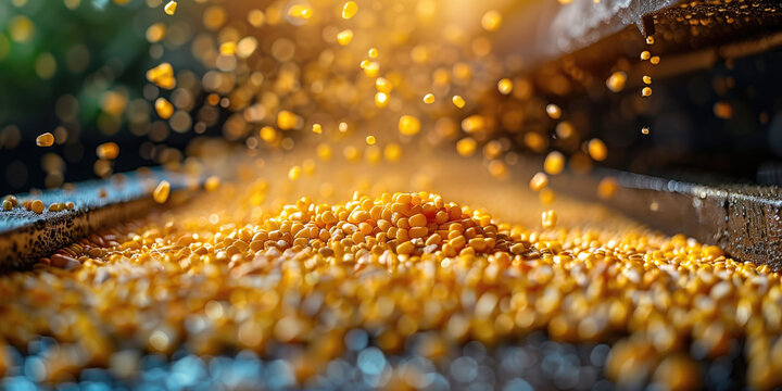 Semillas de ma&iacute;z cayendo en un contenedor de semillas, parece una lluvia de semillas que se van acumulando, color amarillo dorado, brillos. 8 Abril D&iacute;a Internacional Oposici&oacute;n Alimentos Transg&eacute;nicos 