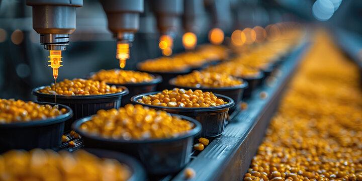 Semillas de ma&iacute;z en envases de pl&aacute;stico siendo inyectadas con una modificaci&oacute;n del ADN para mejorarlas gen&eacute;ticamente, l&iacute;nea de producci&oacute;n. 8 Abril D&iacute;a Internacional Oposici&oacute;n Alimentos Transg&eacute;nicos 