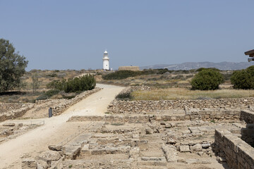 Cyprus Lighthouse Overlooking Coastal City Ancient Ruins at Paphos,
