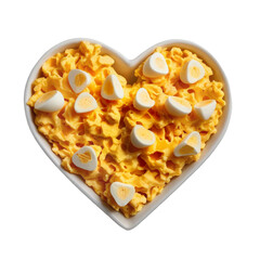 Omelette and cut quail eggs lie on a heart-shaped plate on a transparent and white background. PNG.