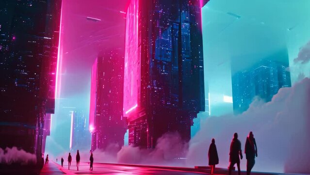 A couple of people are seen walking down a busy urban street lined with towering buildings, Abstract shapes morphing into a futuristic city under a neon sky, AI Generated