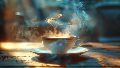 Recreation of a coffee cup smoky in the morning - obrazy, fototapety, plakaty