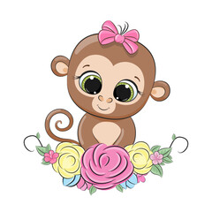 Cute baby monkey with floral wreath. Vector illustration