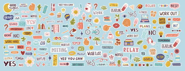 Big set of stickers for weekly or daily planner and diaries. Hand drawn doodle illustration for scrapbook. Very large collection.
