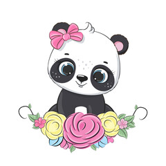 Cute baby panda with floral wreath. Vector illustration © Arina