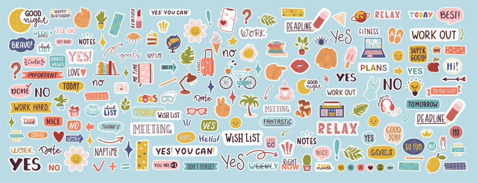 Big set of stickers for weekly or daily planner and diaries. Hand drawn doodle illustration for scrapbook. Very large collection.