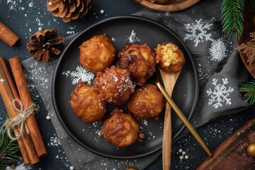 Dutch New Year s Eve flat lay with wooden spoon and traditional oliebollen