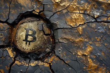 Bitcoin Coin Embedded in Cracked Earth Texture, Symbolizing Economic Volatility and Cryptocurrency Challenges.