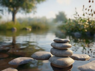 Obraz na płótnie Canvas A stack of rocks is floating on the surface of a calm body of water. The scene is serene and peaceful, with the rocks creating a sense of stability and tranquility