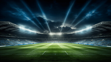 Fototapeta premium Stade de foot, grand spot de lumière, gazon, pelouse. Ciel nuageux. Football, match, sport. Pour conception et création graphique. 