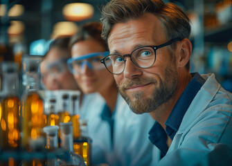 Handsome man in middle age in laboratory wearing glases and scrubs. Chemistry lab, man smiling