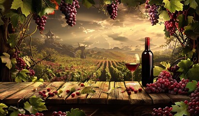Serene vineyard landscape with red wine and grapes at sunset