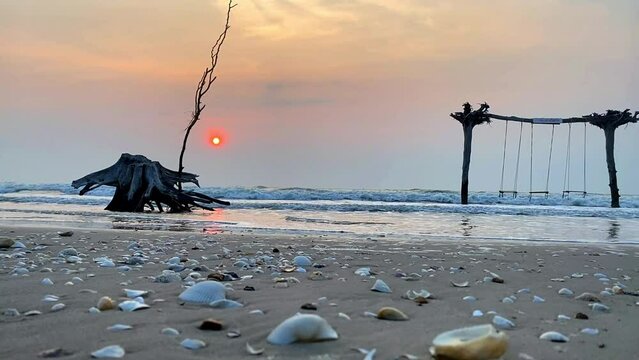 Thailand tropical beach Aerialof sea blue waves break on rock and sand. Beautiful of sea water wave come to beach.