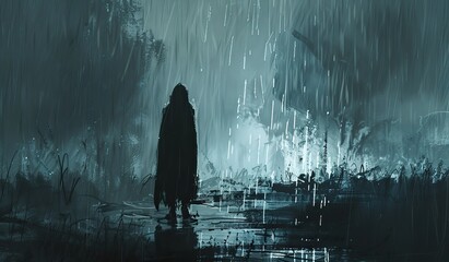 Mysterious figure wandering through a dark, rain-drenched dystopian cityscape - obrazy, fototapety, plakaty