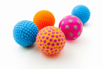 Five vibrant rubber balls for dogs on a white surface