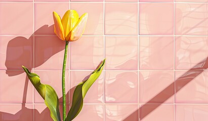 Sunlit yellow tulip against pastel pink tiles background