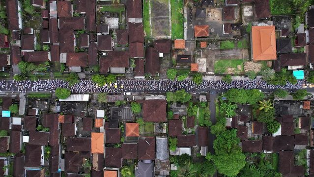 Celebration procession at Melis day, religious event of Bali, aerial view of crowded village street. Many people in white festive clothes walk together, carry offerings and special items.