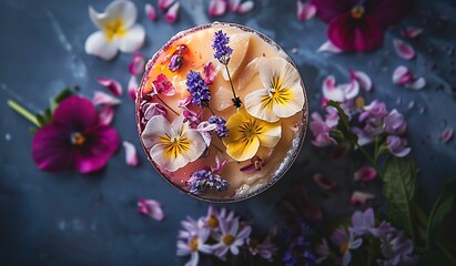 Floral cocktail garnished with edible flowers on dark background