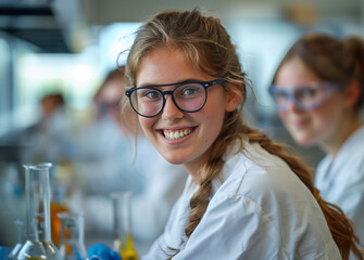 A smiling group of scientists working in a laboratory in the style of a stock photo. People in scrubs and glases in laboratory, chemistry work. Students in chemistry class, doctors in lab