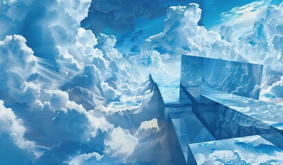 Surreal ice landscape with geometric shapes against a cloud-filled sky