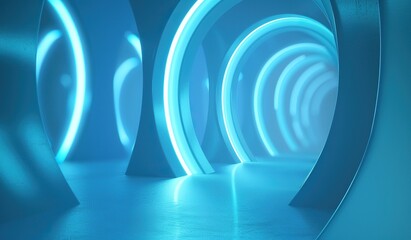 Obraz premium Blue futuristic tunnel with neon lighting