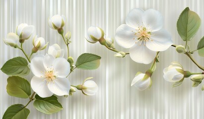 Elegant white spring blossoms on a striped background