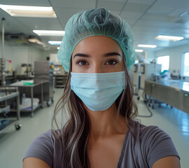 Young beautifull woman in mask in laboratory. Doctor woman in mask in hospital, surgeon woman young baeautifull. nurse, scientist in scrubs surgeon