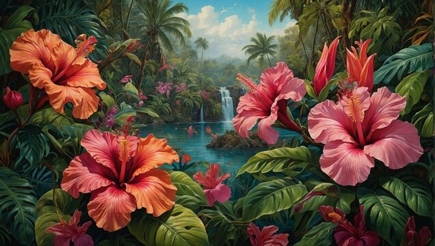 Lush tropical landscape with vibrant flowers and a serene waterfall among green foliage