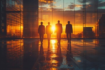 Four silhouetted businessmen walk confidently against a backdrop of golden sunset reflecting off a...