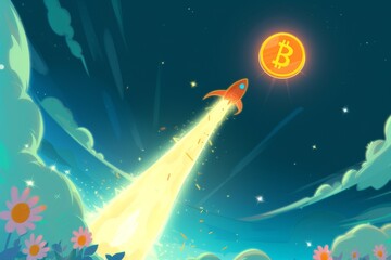Obraz na płótnie Canvas Animated Rocket Launch Toward a Bitcoin Symbol Shining in the Starry Sky, Depicting Cryptocurrency Growth and Investment Opportunities.