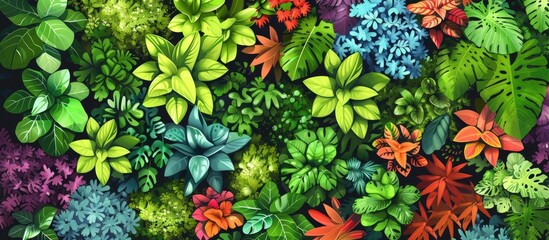 The picture contains a variety of plants such as flowers, leaves, grass, and groundcovers. The vibrant colors and patterns create a mesmerizing display, including electric blue hues - obrazy, fototapety, plakaty