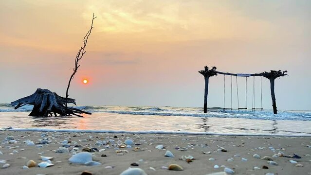 Thailand tropical beach Aerialof sea blue waves break on rock and sand. Beautiful of sea water wave come to beach.