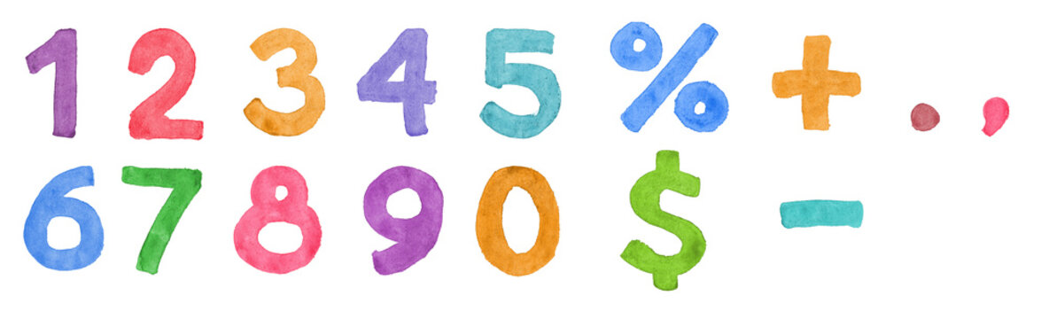  Watercolor Numbers and Percent, Dollar, Plus Minus Punctuations
