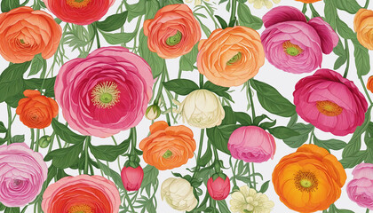 collection of ranunculus flowers  bright colors on a transparent background,  