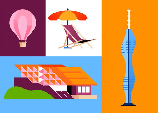 Modern holidays in Turkey - set of flat design style illustrations. Colored images of Chamlydzha TV Tower, flying hot air balloon, parasol and sun lounger, Ozyegin university. Summer vacation idea