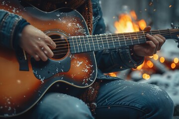 Obraz premium Close-up of hands playing an acoustic guitar with a warm fire in the background on a cold, snowy day