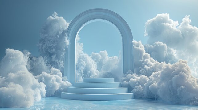 Advertising podium, showcase with arch - 3D render. Futuristic concept display in the clouds. Background with flying fluffy clouds for product presentation.