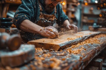 Artisan woodworker diligently shapes a wooden piece, surrounded by flying wood shavings in a cozy, illuminated workshop setting - obrazy, fototapety, plakaty