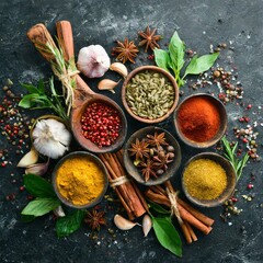 Spice Spectacle: Vibrant Indian Spices on Black Stone Background
