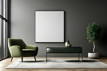 Modern luxury design room with a rich chair. Livingroom with a green olive chair. Modern room.