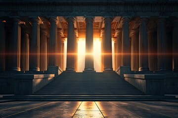 Majestic Classical Pillars of a Courthouse at Sunrise, Symbolizing Justice and Law.