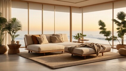 Luxurious living room setup with a comfortable sofa facing a panoramic ocean view during sunset, embodying relaxation