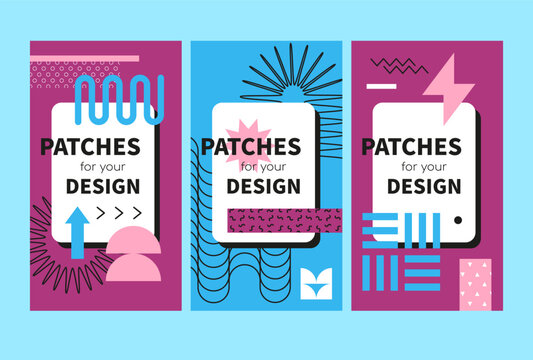 Geometry patches for your designs - set of vector template illustrations on blue and purple background with place for your info. Cold colors. Three vertical posters of high quality for your business