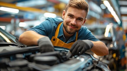 Auto mechanic is checking the engine of a car in auto repair service